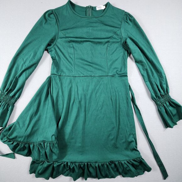Ruffle Trim Bell Sleeve Midi Dress Tie Back Womens Size Medium Green - Picture 4 of 9